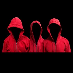 Foto op Aluminium Art collage with three red hoodie characters on black background, a gang of brothers without face © JpegPhotographer