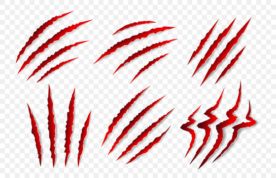 Set of red animal claw marks, scratches, talons cuts cat, tiger, dog, lion, monster isolated