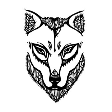 Vector wolf head tattoo sketch. Black work. Hand drawn style.