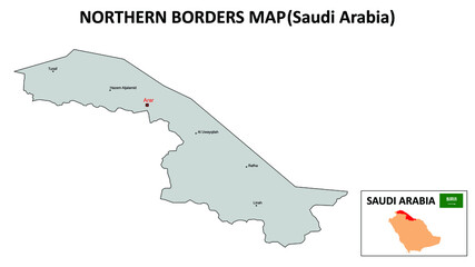 Northern Borders Map. Northern Borders Map of Saudi Arabia with color background and all states names.