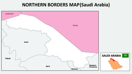 Northern Borders Map. Political map of Northern Borders. Northern Borders Map of Saudi Arabia with neighboring countries and borders.