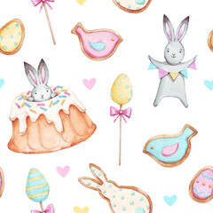 Easter seamless pattern with Easter bunnies, Easter cake, birds, eggs, cookies, flags, hearts, delicate pink, yellow, blue. Handwork. Watercolor illustration for wrapping paper, wallpaper. 