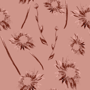 Sensual floral seamless pattern with isolated flowers of Gerbera in full bloom in boho colors. Hand drawn flowers blossom in freehand ink style. Package, textile, wallpaper, fabric, bedding.
