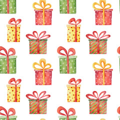 Watercolor christmas seamless pattern with present boxes isolated on white background.