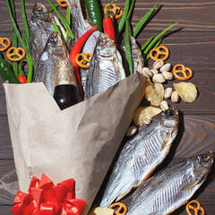 February 23. Gift for men. A bouquet of dry fish, chips, pistachios, green onions, chili peppers....