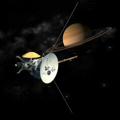 Cassini mission orbiter satellite passing Saturn