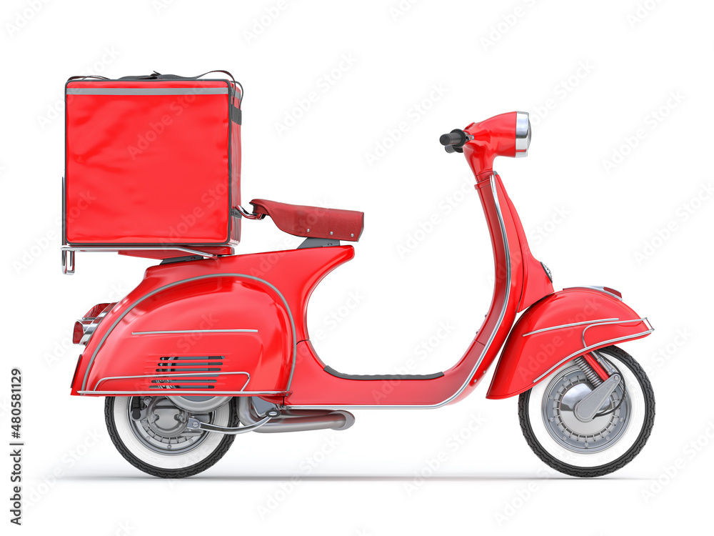 Wall mural Scooter express delivery service. Red motor bike with delivery bag isolated on white.