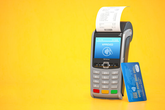 POS point of sale terminal for credit card payment on yellow background.
