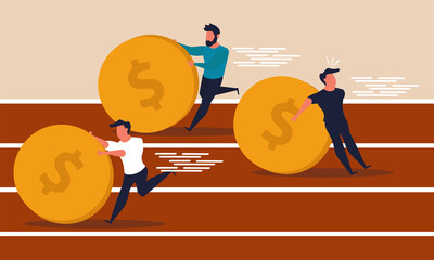 Coin bank race and fast economy challenge. Growth wealth and get 401k money vector illustration concept. Businessman running and trade virtual currency. Investment horizontal sprint or finance income