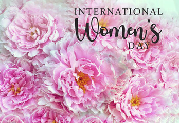 International Women's Day March 8 Text Script Banner Background with Pink Peony Floral background