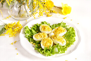stuffed eggs "Mimosa". Easter dish, egg appetizer.