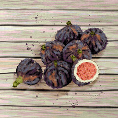 Figs on wooden table hand drawn illustration on canvas