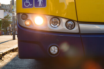 Public transportation bus in urban surroundings.