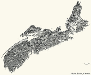 Topographic relief map of the Canadian province of NOVA SCOTIA, CANADA with black contour lines on beige background
