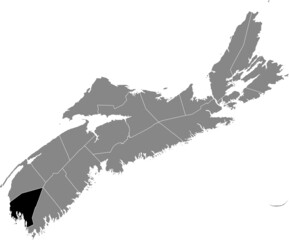 Black flat blank highlighted location map of the YARMOUTH COUNTY inside gray administrative map of counties of Canadian province of Nova Scotia, Canada