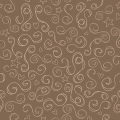 Seamless pattern of wavy swirling lines with hearts and stars.