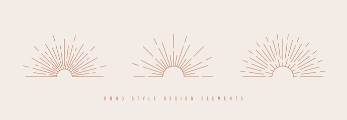 Sun and sunburst symbol in Bohemian style. Astrology, mystery and esoteric symbols in Boho style. Sun and sunset linear icons in Boho style. Vector