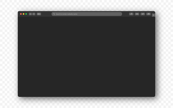 Browser window on transparent background. Empty web page, browser window mockup with toolbar. Browser window in dark mode. Vector