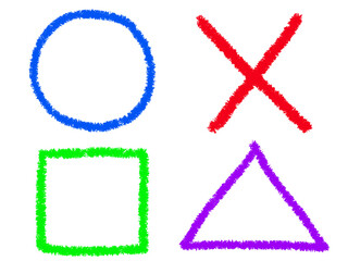 クレヨン風の手描きのシンプルなマーク（マル、バツ、三角、四角）