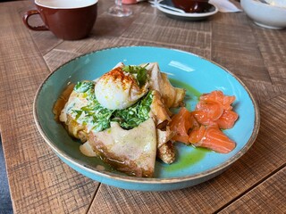 pancakes with salmon and poached egg