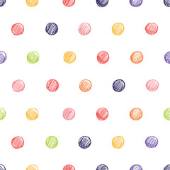 Seamless pattern with hearts, stars and polka dots. The background in bright colors is drawn in a children's style.