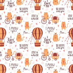 Seamless pattern with cute cats riding a bike and flying on air balloon. Handwritten phrases. Perfect for wrapping paper for Valentine's Day. Vector isolated illustrations on a white background. © Валерия Соловьева