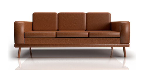 Premium Furniture, Isolated Front View of Brown Leather Sofa on White Background.