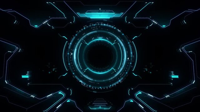 Sci-Fi Virtual Reality technology view display. The facial interface scans or analyzes data with a circular target. Futuristic display with control panel for game users. Animation concept