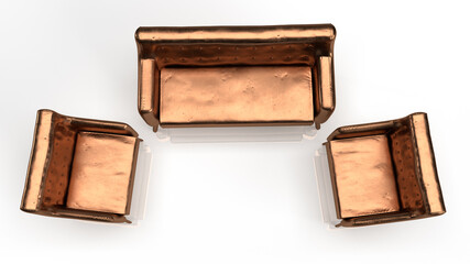 Isolated Top View of Golden Leather Sofa on White Background. Furniture in Gold Material. 3D illustration.