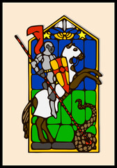 Vector stained glass window with Saint George and the dragon