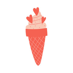 Pink ice cream in a waffle cone with hearts. Sweet food. A decorative element for Valentine's Day. Simple flat color vector illustration isolated on white background.