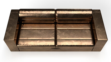 Isolated Top View of Golden Leather Sofa on White Background. Furniture in Gold Material. 3D illustration.