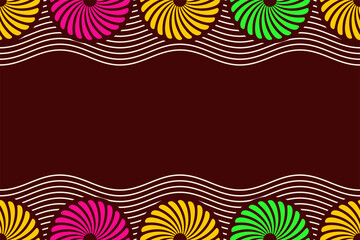 Fototapeta na wymiar Seamless horizontal border pattern with circles, swirling shapes, wavy lines. African fashion vector pattern. Bright colors. Textile, fashion pattern. Space for text. Vector color background.
