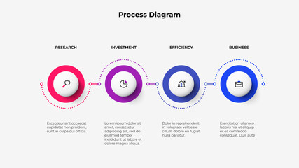 Four circles placed in horizontal row connected by a curved line. Concept of 4 stages of marketing strategy. Modern flat infographic design template