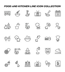 Cooking, food and kitchen concept. Collection of modern outline monochrome icons in flat style. Line icon of cooking devices, kitchen utensils, food, tea drinking, cooking etc