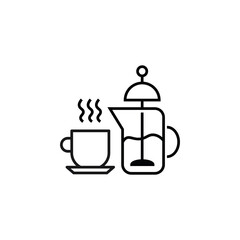 Cooking, food and kitchen concept. Collection of modern outline monochrome icons in flat style. Line icon of French press and cup of hot tea