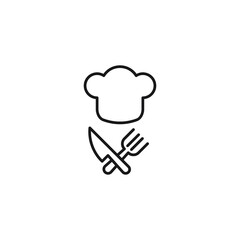 Cooking, food and kitchen concept. Collection of modern outline monochrome icons in flat style. Line icon of crossed knife and fork under chefs hat