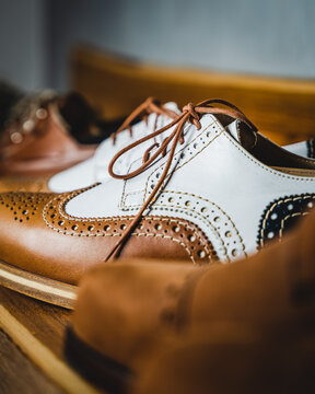 Closeup of two tone budapester shoes