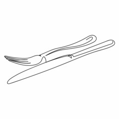 Obraz na płótnie Canvas Continuous one simple single abstract line drawing of fork and knife icon in silhouette on a white background. Linear stylized.