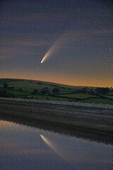 Comet Neowise over Usk Reservoir, Wales, with water reflection