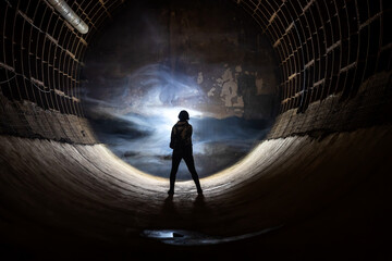 Silhouette of a man in a long underground tunnel in a bunker. Light and smoke in the distance. The...