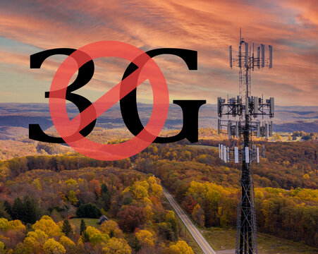 End of life for 3rd generation or 3G cell mobile networks illustrated with sign superimposed on rural cellphone tower