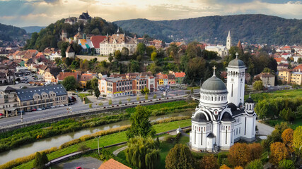 Aerial drone view of the Historic Centre of Sighisoara, Romania