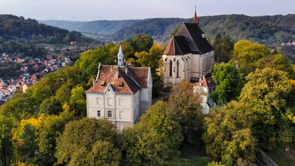 Fototapeta na wymiar Aerial drone view of the Historic Centre of Sighisoara, Romania