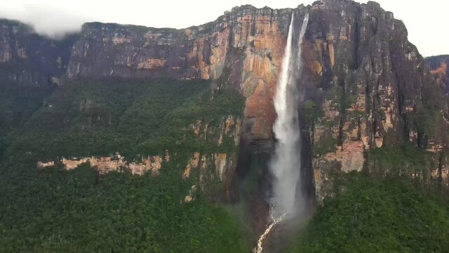 Scenic aerial view of Angel Fall world's highest waterfall in Canaima Venezuela rainforest
