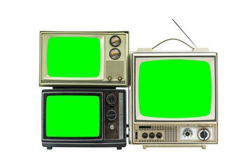 Three vintage televisions isolated on white with chroma key green screens.