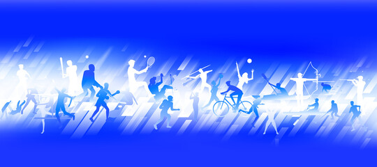 Sports background design with abstract modern template. Vector illustration of sport players in different activities. football, basketball, baseball, tennis, rugby, bicycling