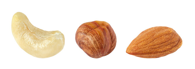 Set of nuts. Cashews almonds hazelnuts, isolated on a white background