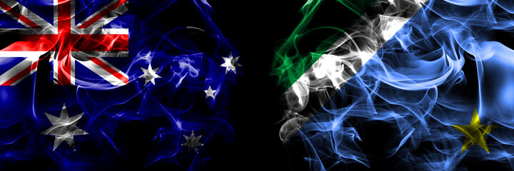 Flags of Australia, Australian vs Brazil, Brazilian, Mato Grosso do Sul. Smoke flag placed side by side on black background