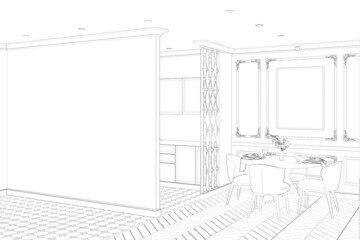 Sketch of the modern classic apartment with a blank wall, a blank vertical poster on a classic wall, chairs near a round served dining table, kitchen cabinets,  parquet floor, built-in lamps.3d render